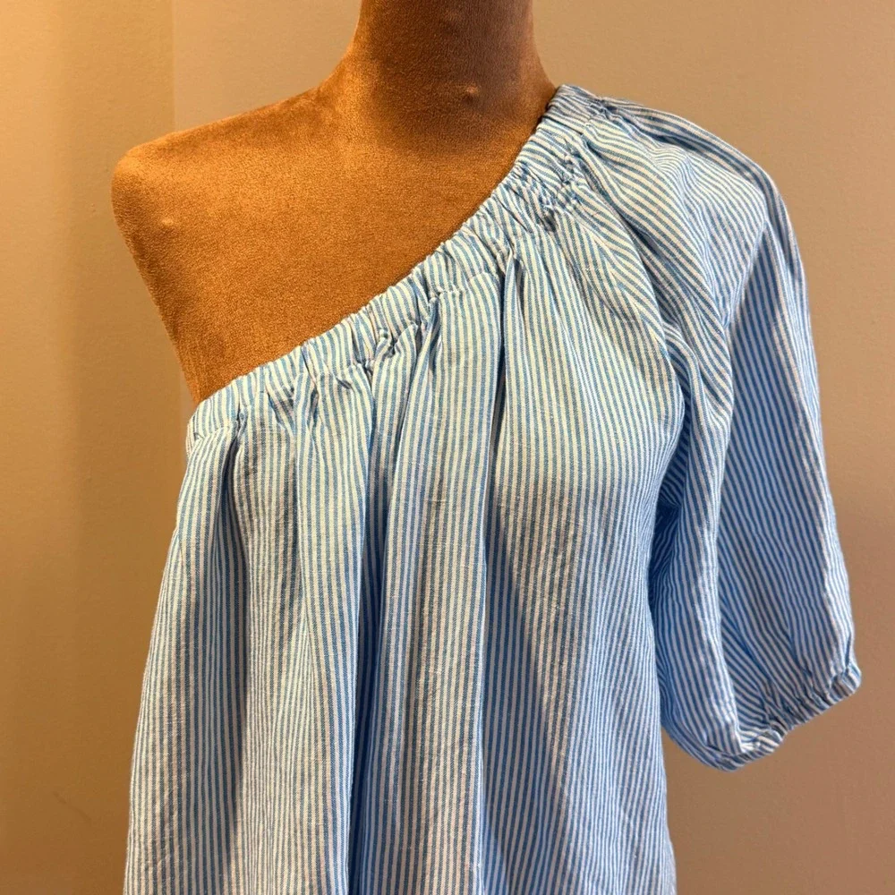 LOFT NWT One Shoulder Top Womens MP Blue‎ Striped Linen Blend Resortwear Preppy
